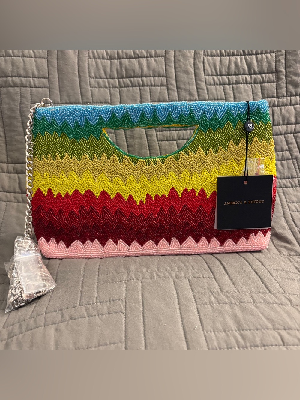 America and Beyond Rainbow Zig-Zag Beaded Hand Bag Colorful Crossbody Purse NWT